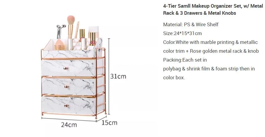 Luxury PS Dresser Marble Cosmetic Make up Drawers Collection Case 4tiers Plastic Makeup Storage Organizer